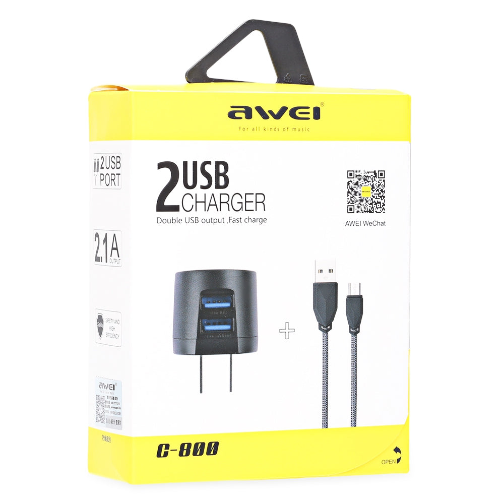 Awei C - 800 Mini Dual USB Ports Power Adapter Nylon Braided Charging Cable Set