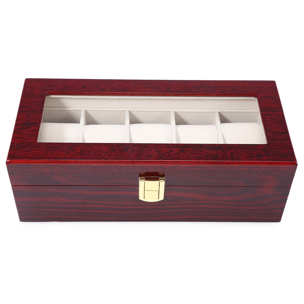 5 Grids Wooden Watch Display Box Piano Lacquer Jewelry Storage Organizer