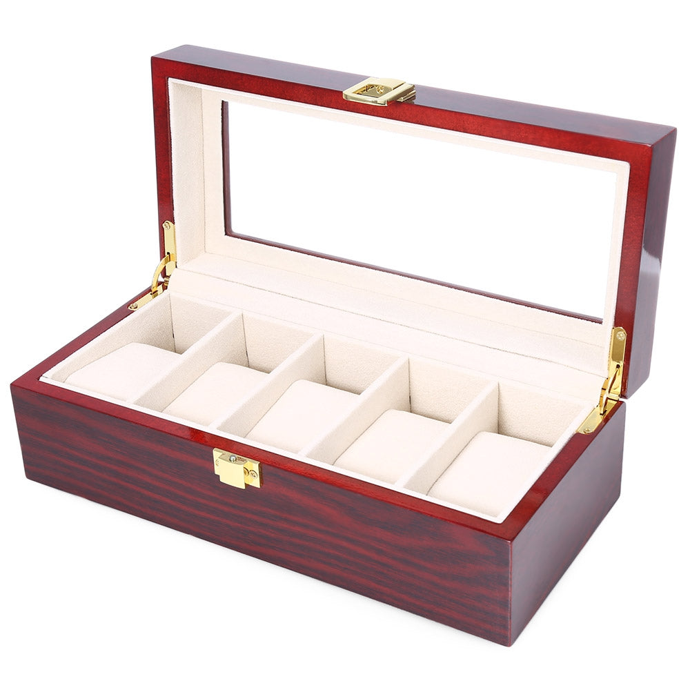 5 Grids Wooden Watch Display Box Piano Lacquer Jewelry Storage Organizer