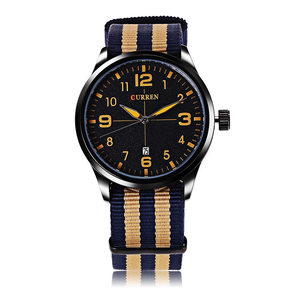 Curren 8195 Men Quartz Watch Date Display Luminous Pointer Water Resistance Nylon Strap Wristwatch