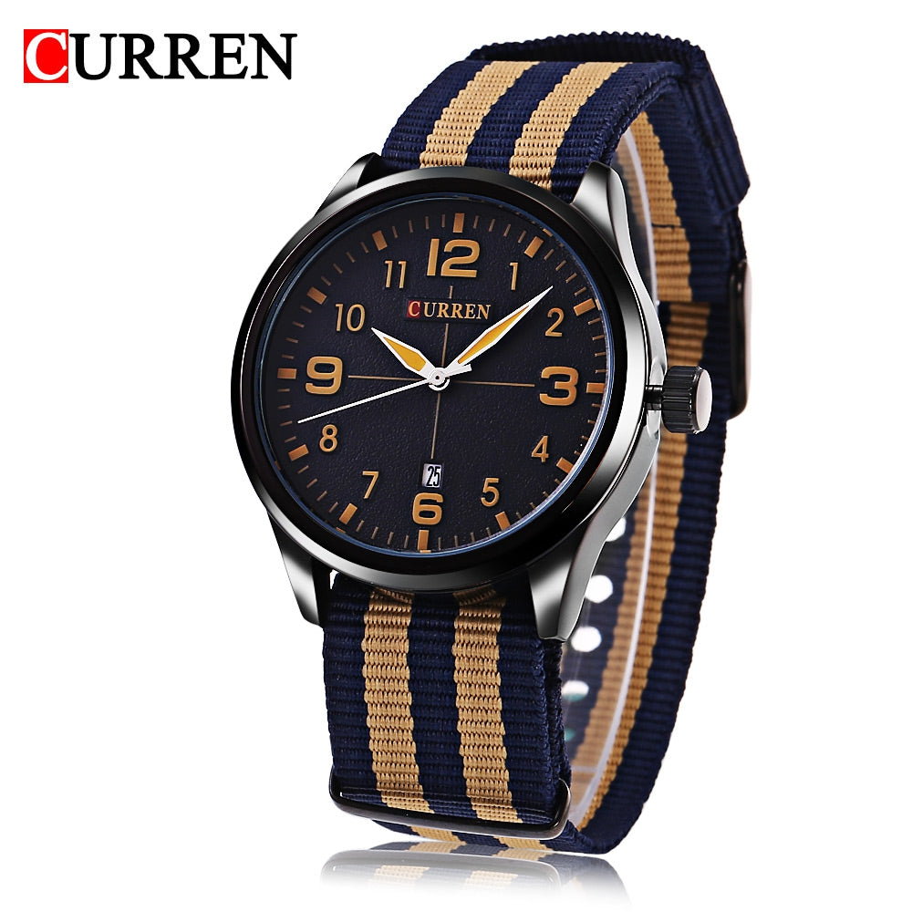 Curren 8195 Men Quartz Watch Date Display Luminous Pointer Water Resistance Nylon Strap Wristwatch