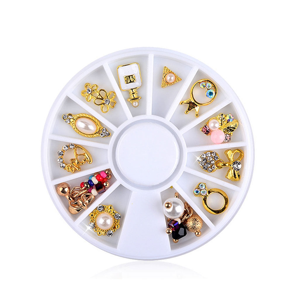 12pcs Magic 3D Nail Gold Flower Ring Decoration Alloy Pearl Jewelry Rhinestone