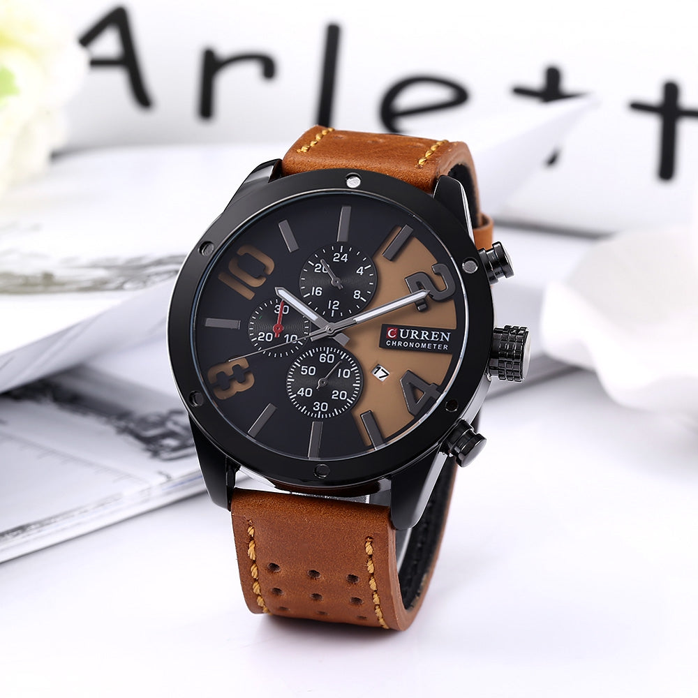 Curren 8243 Male Quartz Watch Date Display 3ATM Decorative Sub-dial Leather Band Wristwatch