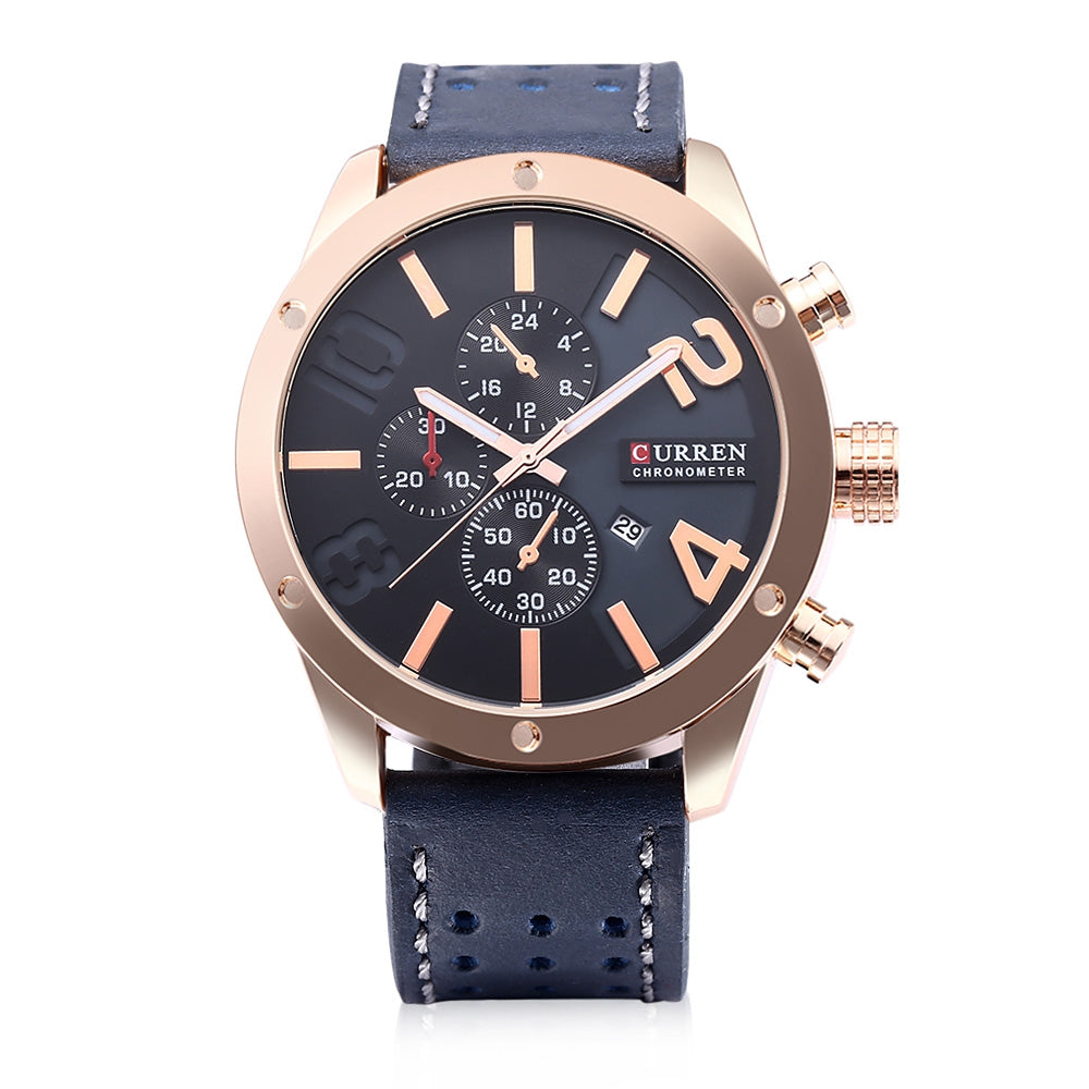 Curren 8243 Male Quartz Watch Date Display 3ATM Decorative Sub-dial Leather Band Wristwatch