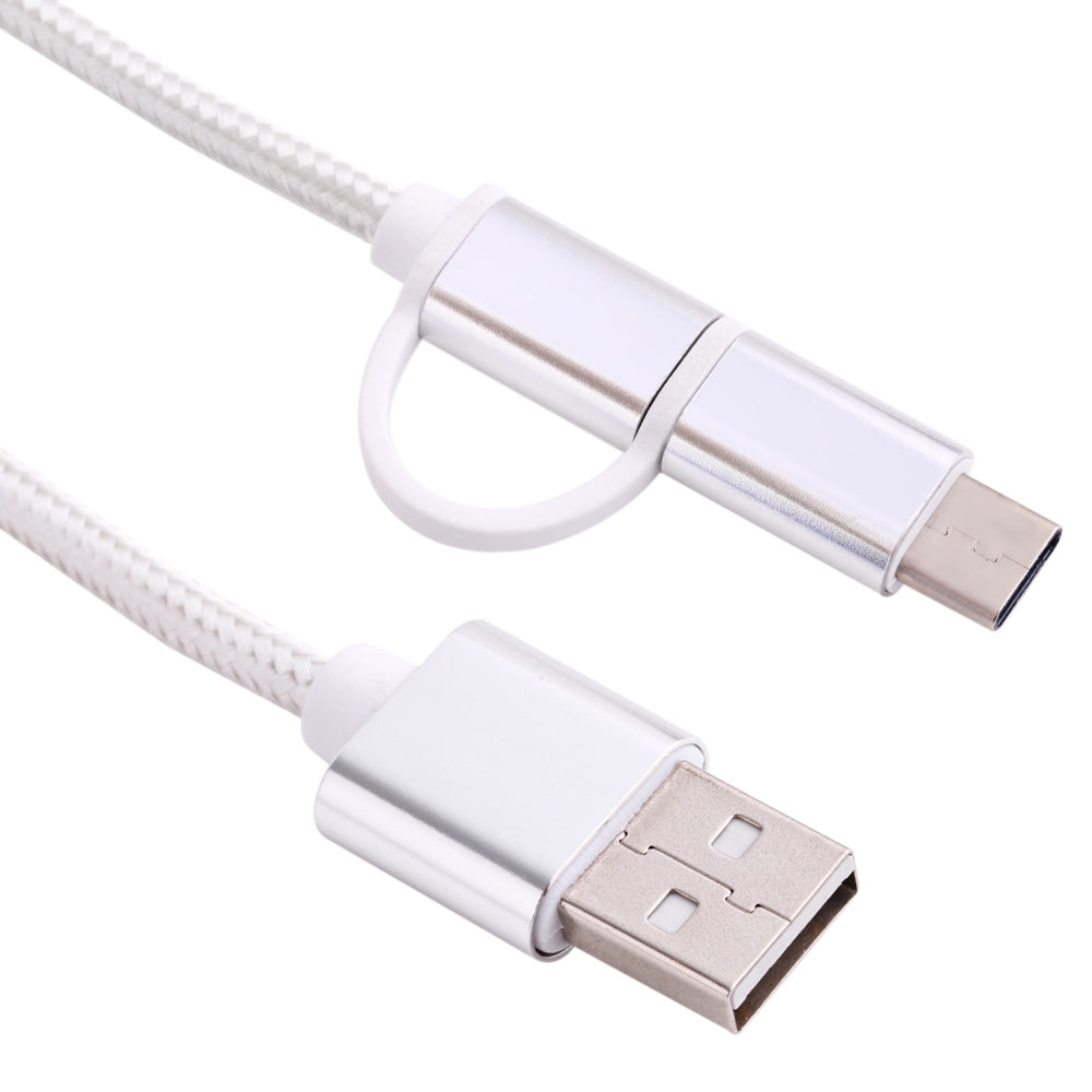2 in 1 Micro USB Nylon Braided Charging Cord with Type-C Adapter 1m