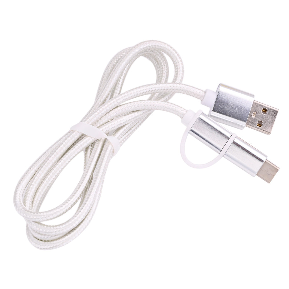 2 in 1 Micro USB Nylon Braided Charging Cord with Type-C Adapter 1m