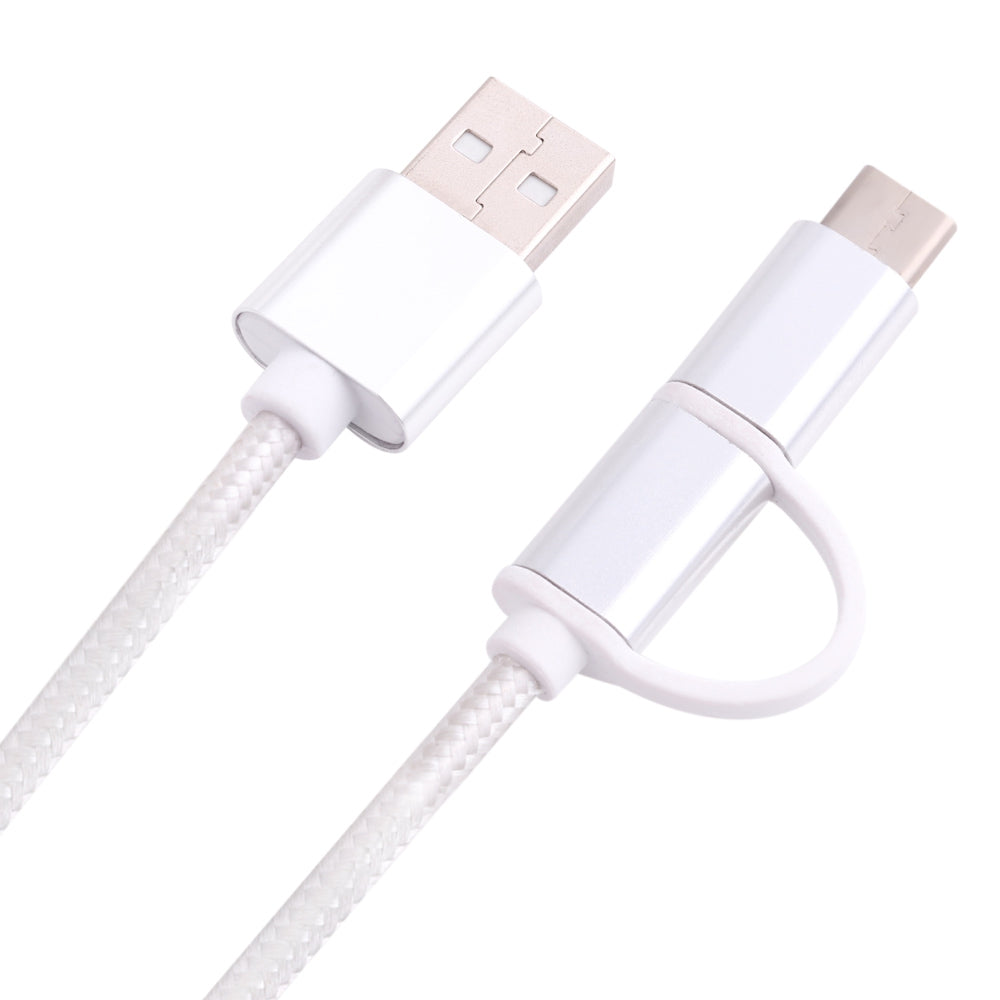 2 in 1 Micro USB Nylon Braided Charging Cord with Type-C Adapter 1m