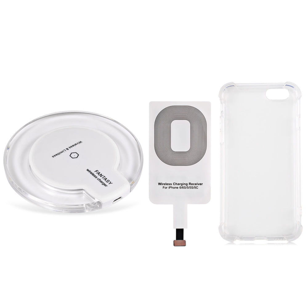 Crystal Clear Qi Wireless Charger + Charging Receiver + Transparent Back Cover for iPhone 6 / 6S