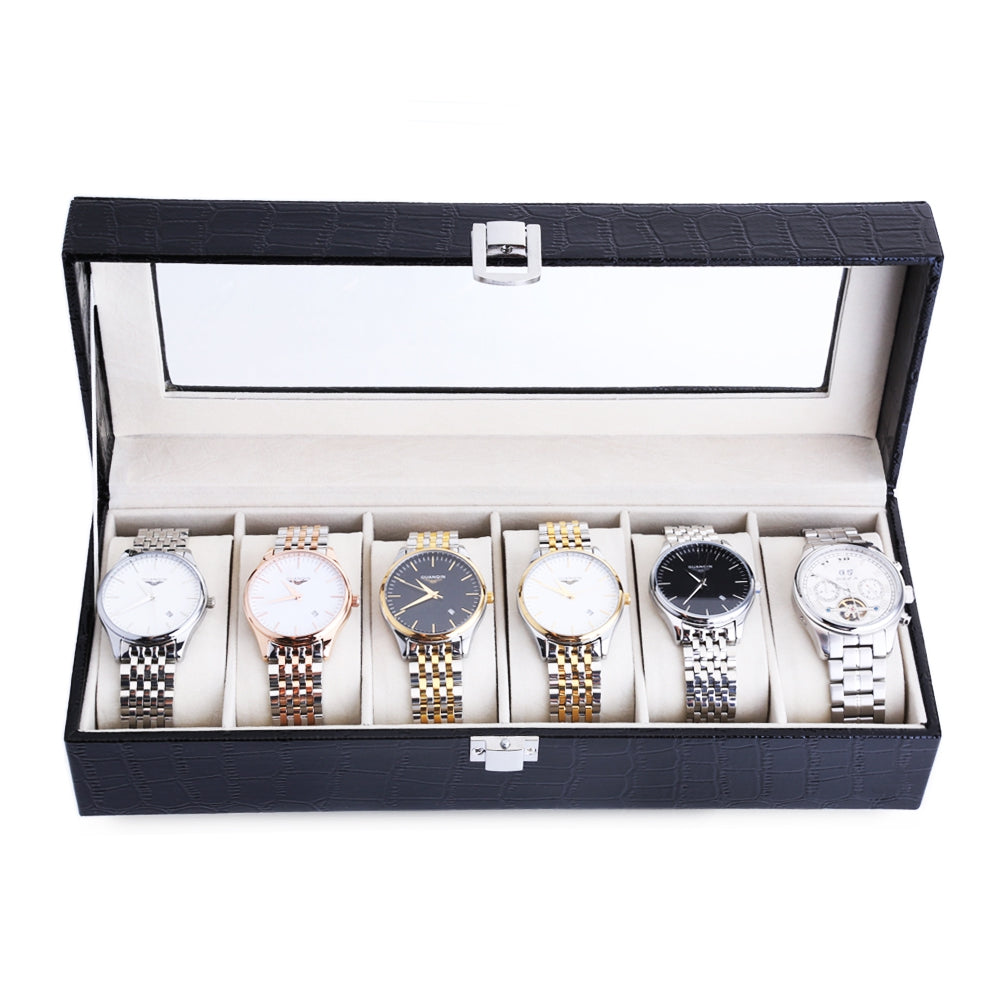6 Grids PVC Leather Material Watch Case Transparent Cover Box Organizer