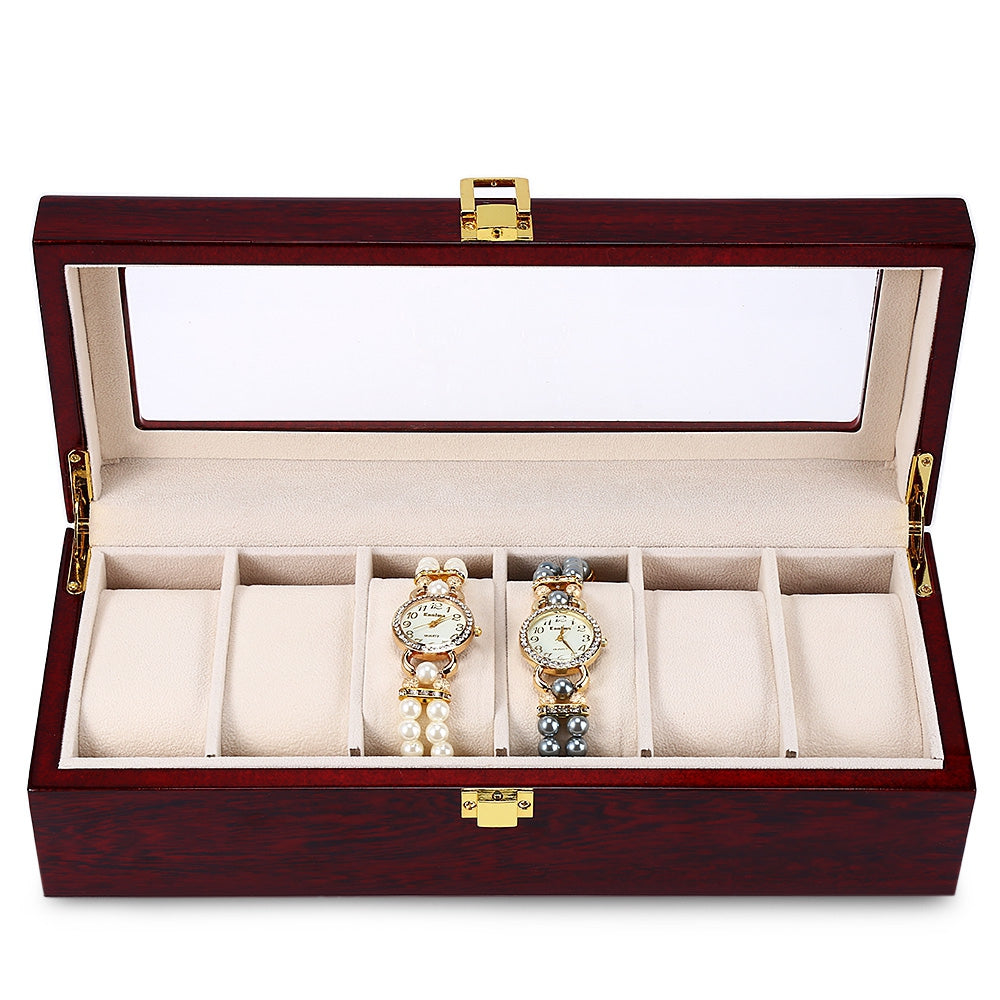6 Slots Wood Watch Display Case Watches Box Glass Top Jewelry Storage Organizer