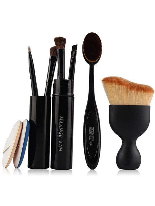 5 Pcs Eye Makeup Brushes Kit + Foundation Brush + Curved Blush Brush + Air Puffs