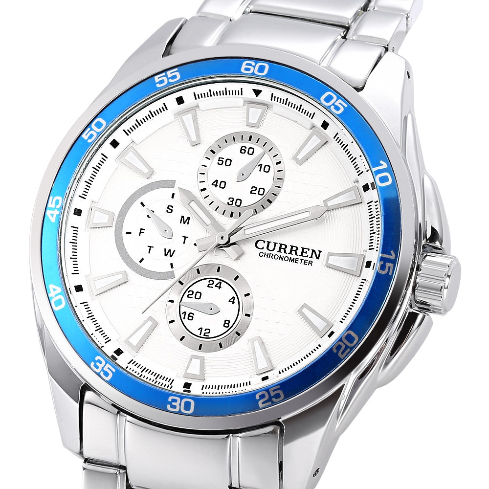 CURREN 8076 Male Quartz Watch Luminous Stainless Steel Band Decorative Sub-dial 3ATM Wristwatch