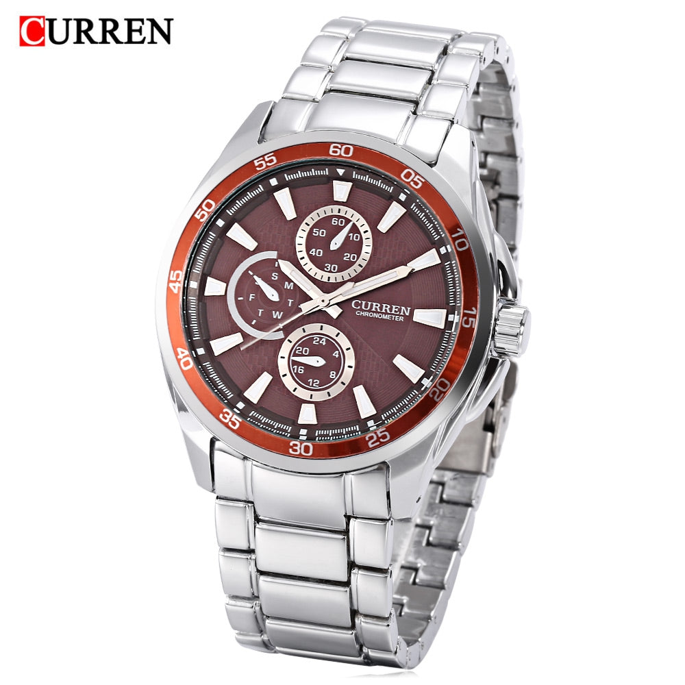 CURREN 8076 Male Quartz Watch Luminous Stainless Steel Band Decorative Sub-dial 3ATM Wristwatch