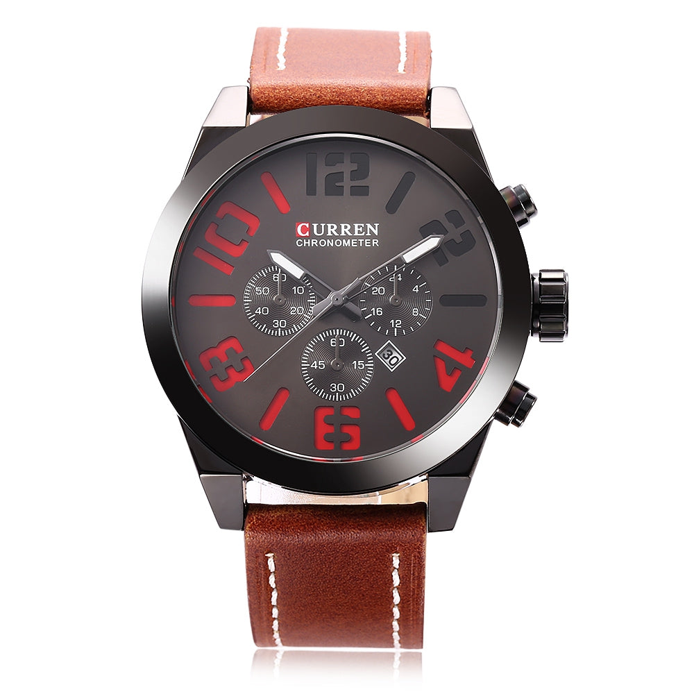 Curren 8198 Male Calendar Quartz Watch Leather Band Luminous 3ATM Wristwatch for Men