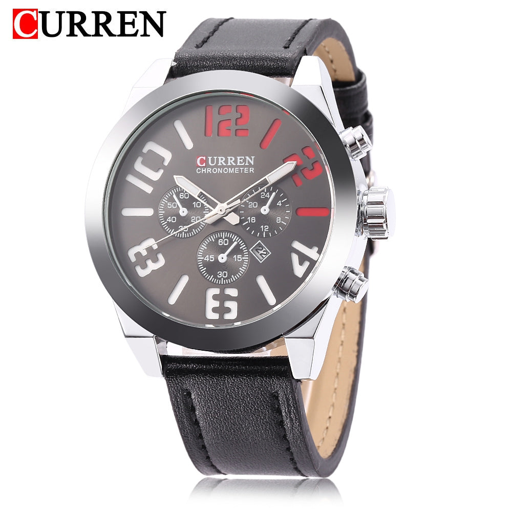 Curren 8198 Male Calendar Quartz Watch Leather Band Luminous 3ATM Wristwatch for Men