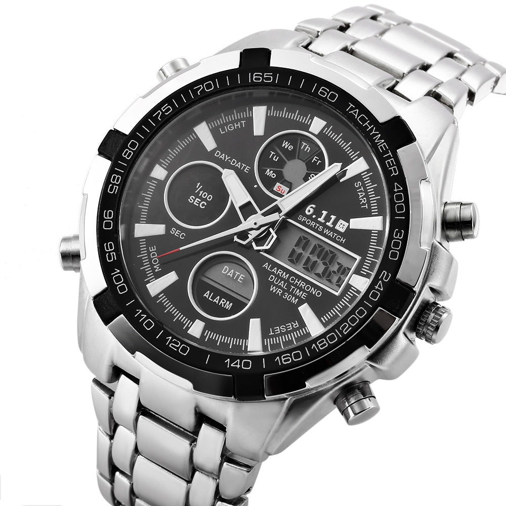 6.11 8128 LED Male Dual Movt Sport Watch Chronograph Alarm Calendar Men Wristwatch