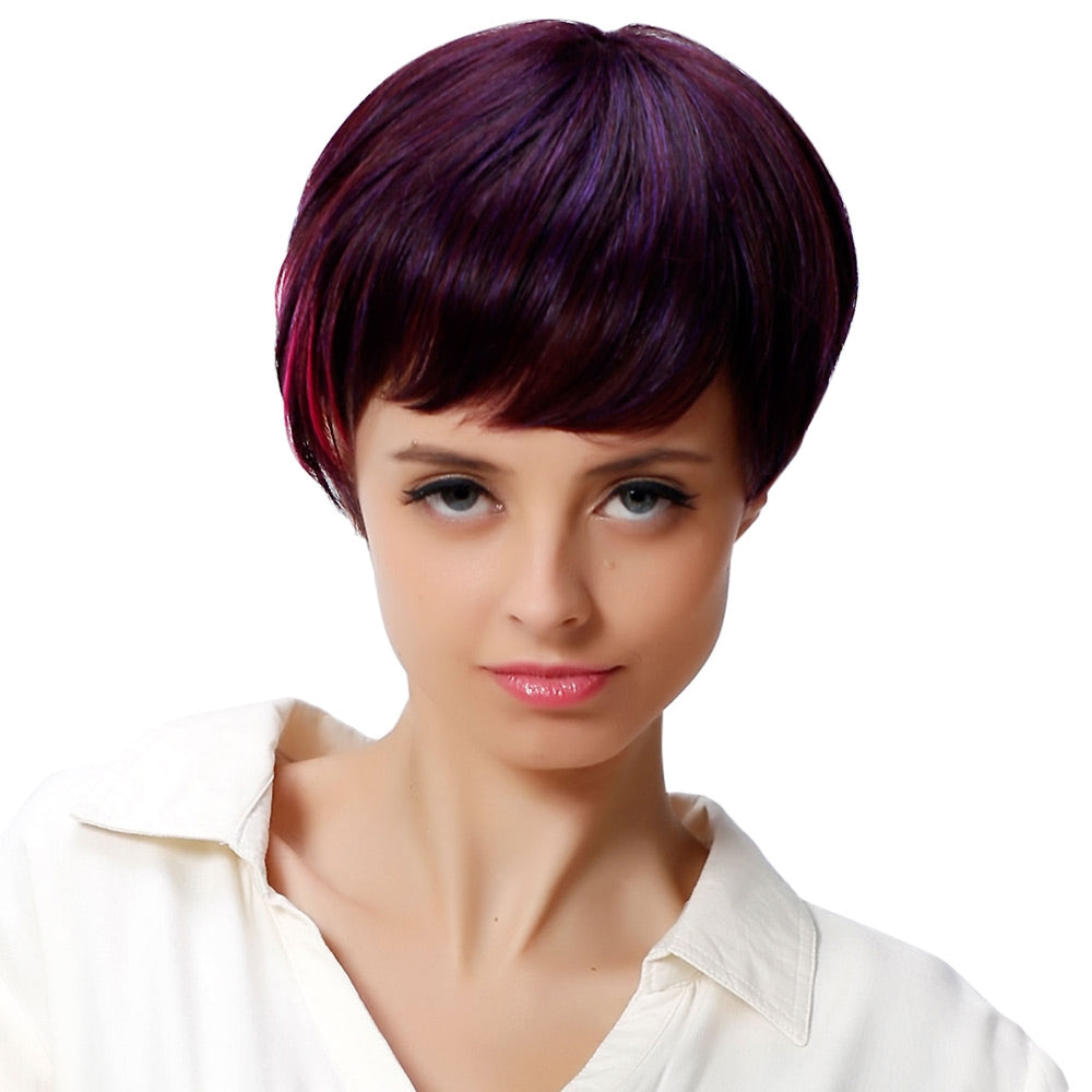 AISIHAIR Women Short Side Bangs Mixed Colors Wine Red Wigs Heat-resistant Synthetic