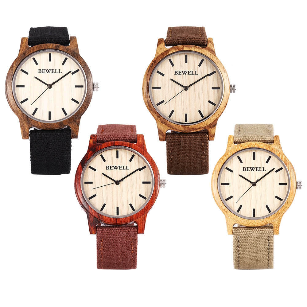 Bewell ZS - W134A Unisex Wooden Quartz Watch Canvas Band Japan Movt Wristwatch