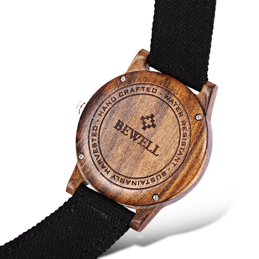 Bewell ZS - W134A Unisex Wooden Quartz Watch Canvas Band Japan Movt Wristwatch