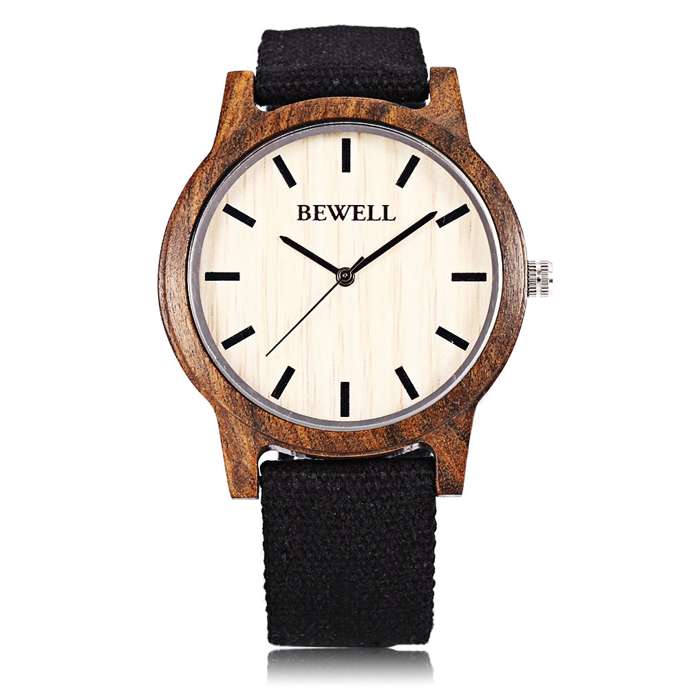 Bewell ZS - W134A Unisex Wooden Quartz Watch Canvas Band Japan Movt Wristwatch