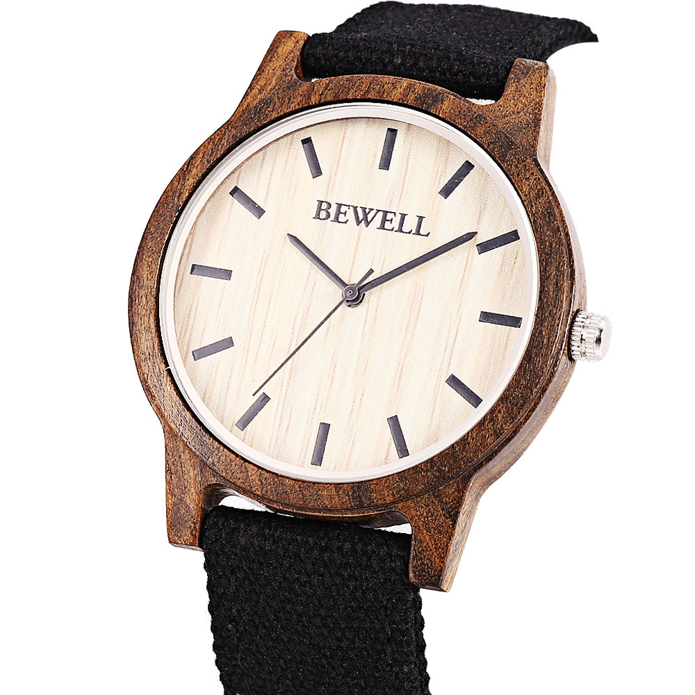 Bewell ZS - W134A Unisex Wooden Quartz Watch Canvas Band Japan Movt Wristwatch