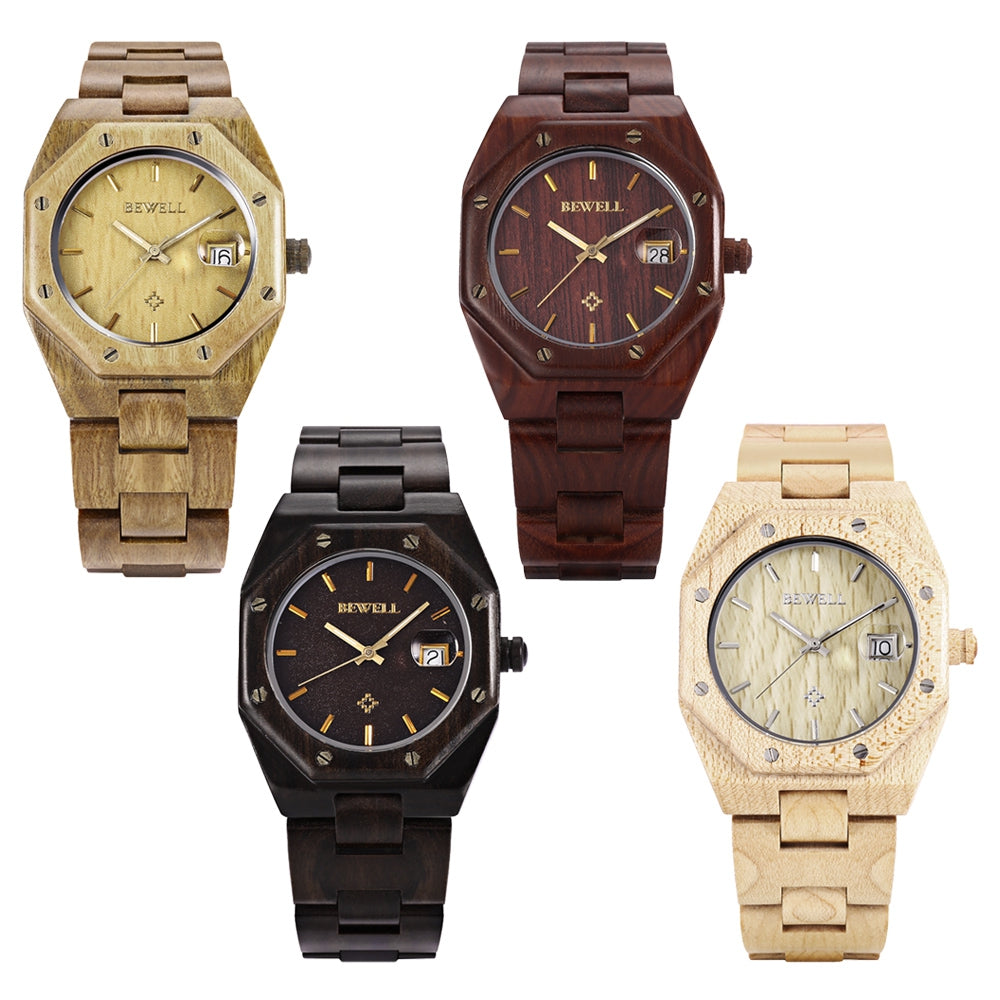 Bewell ZS - W099A Men Wooden Quartz Watch Date Display Japan Movt Water Resistance Wristwatch