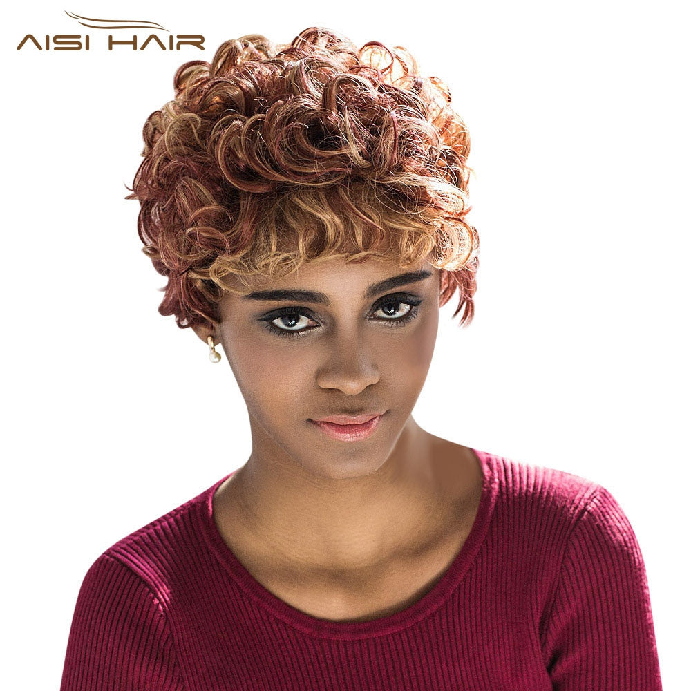 AISIHAIR Stunning Short Round Curly Full Bangs Mixed Color Wigs