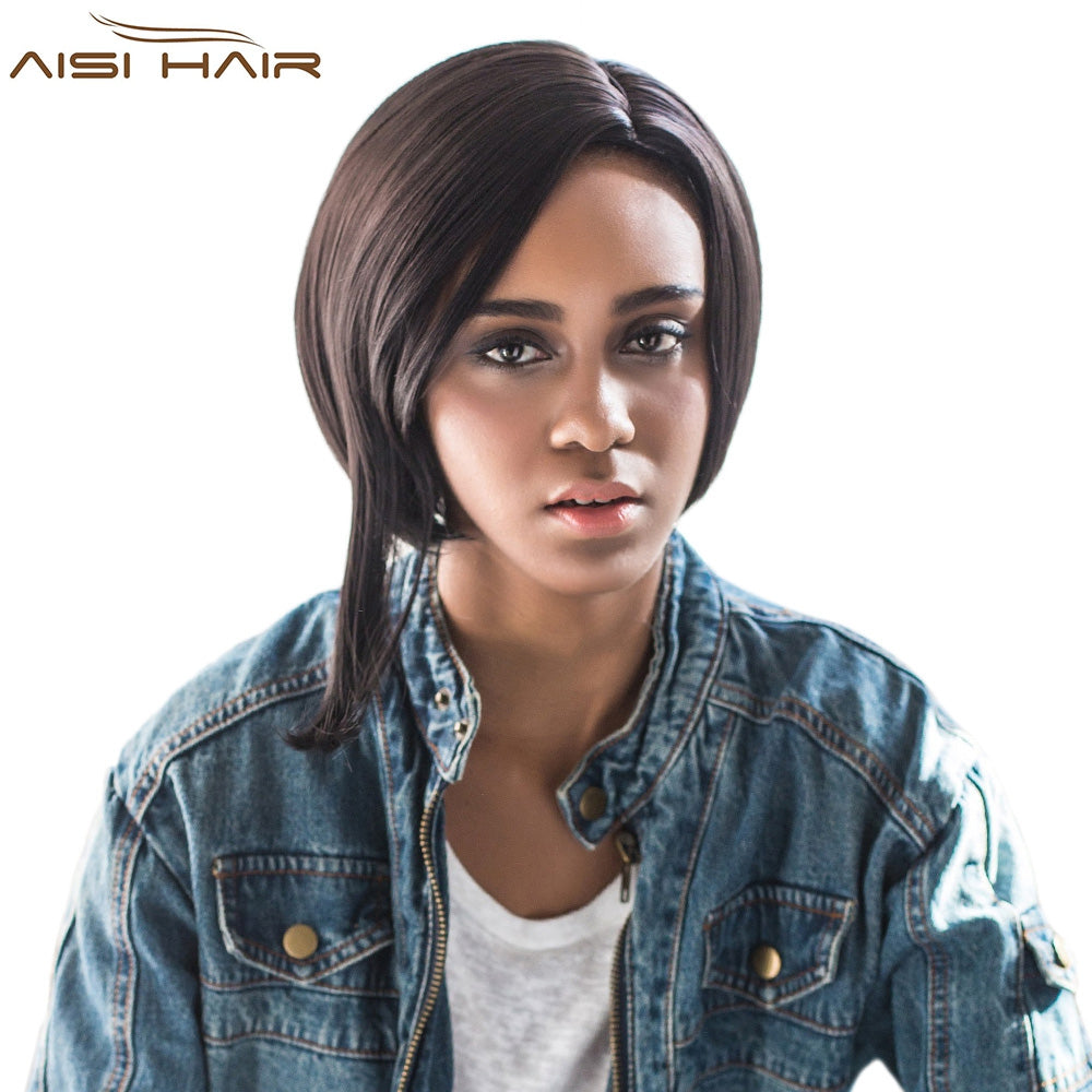 AISIHAIR Women Side Parting Short Asymmetrical Straight Black Synthetic Wigs