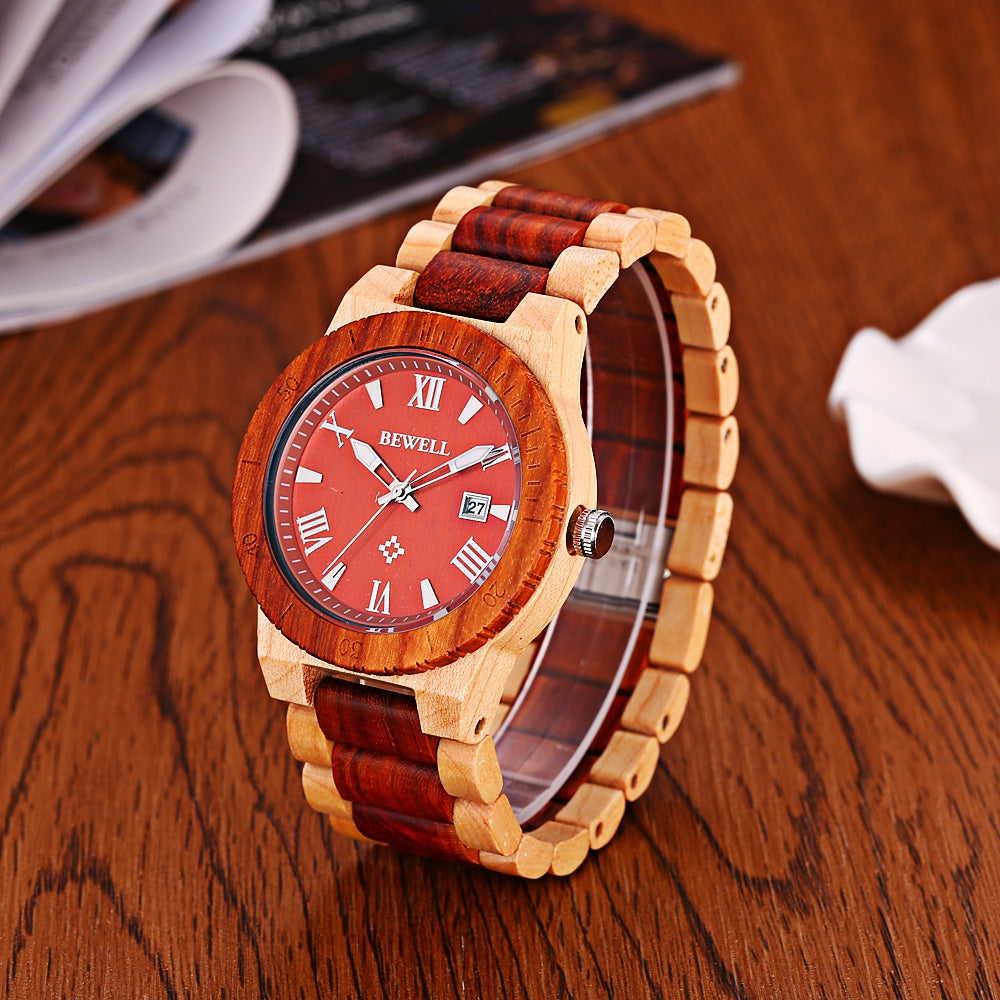 Bewell ZS - W109B Wood Men Watch Luminous Pointer Wooden Band Date Wristwatch