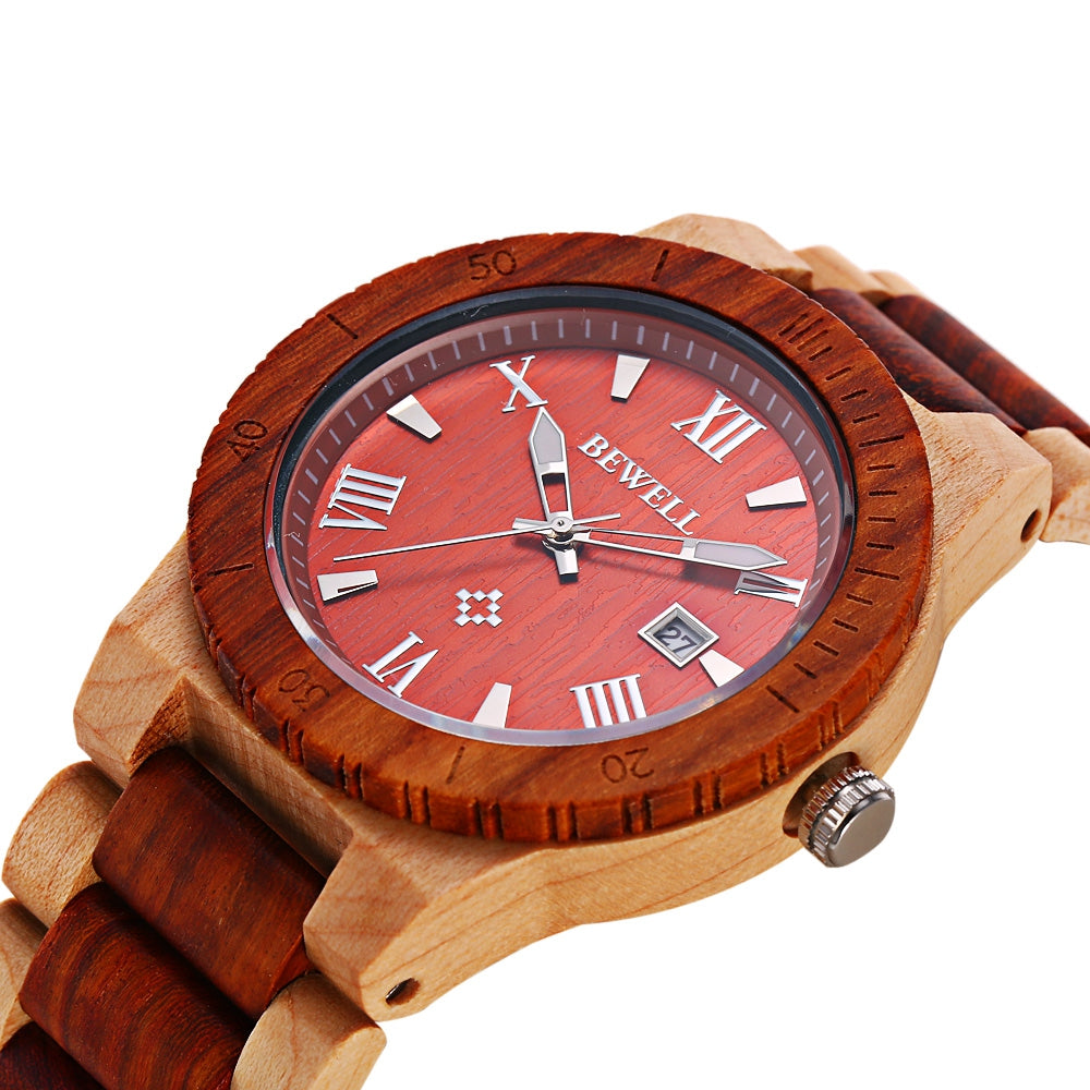 Bewell ZS - W109B Wood Men Watch Luminous Pointer Wooden Band Date Wristwatch