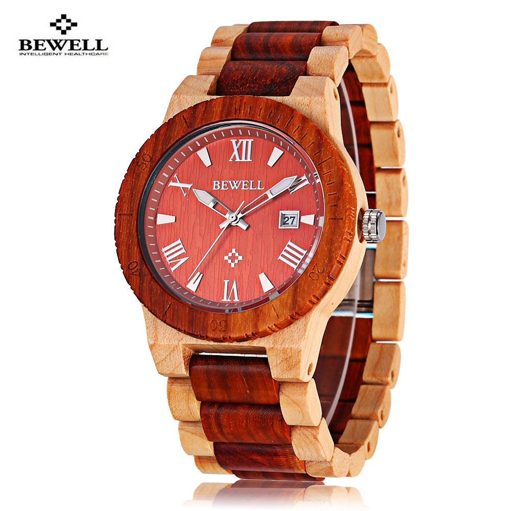 Bewell ZS - W109B Wood Men Watch Luminous Pointer Wooden Band Date Wristwatch