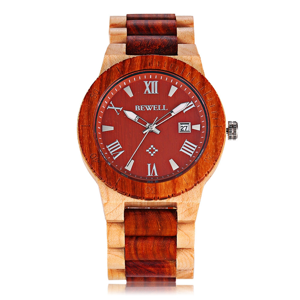 Bewell ZS - W109B Wood Men Watch Luminous Pointer Wooden Band Date Wristwatch