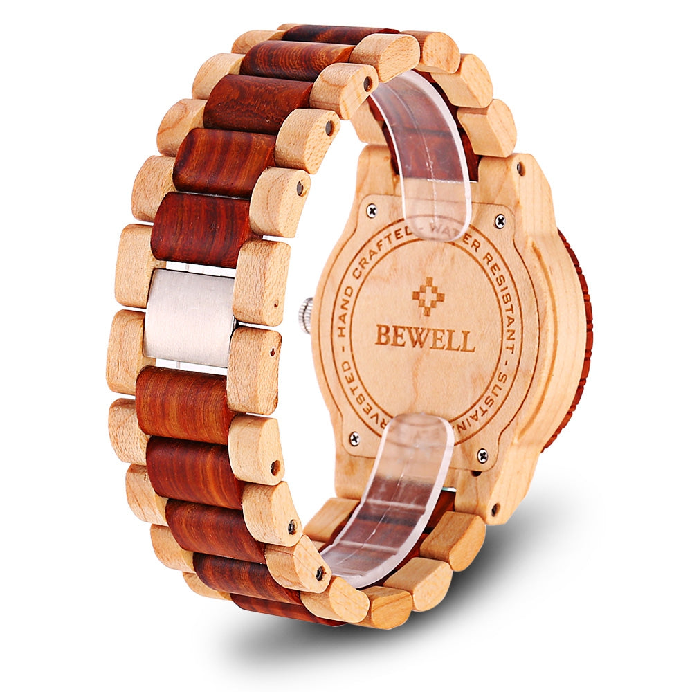 Bewell ZS - W109B Wood Men Watch Luminous Pointer Wooden Band Date Wristwatch