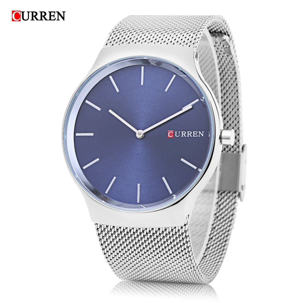 Curren 8256 Male Quartz Watch Simple Dial Stainless Steel Net Band Wristwatch for Men