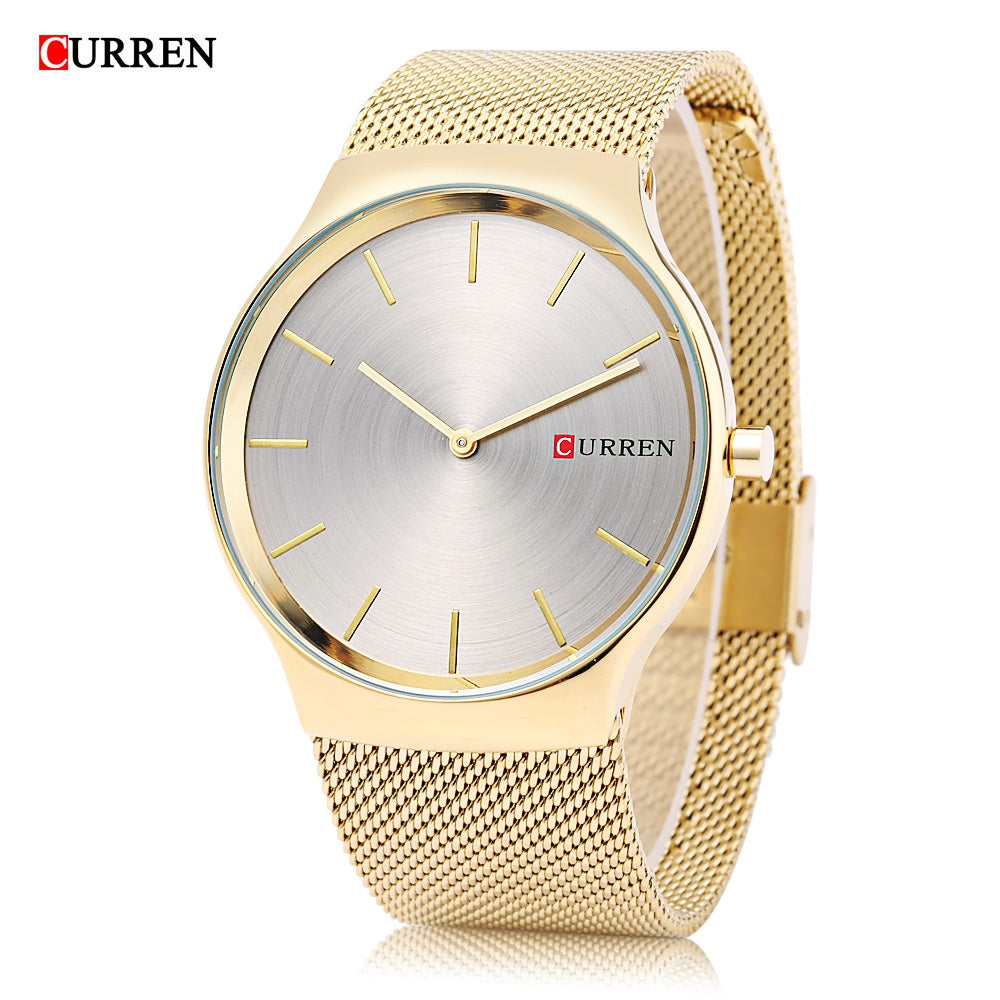 Curren 8256 Male Quartz Watch Simple Dial Stainless Steel Net Band Wristwatch for Men