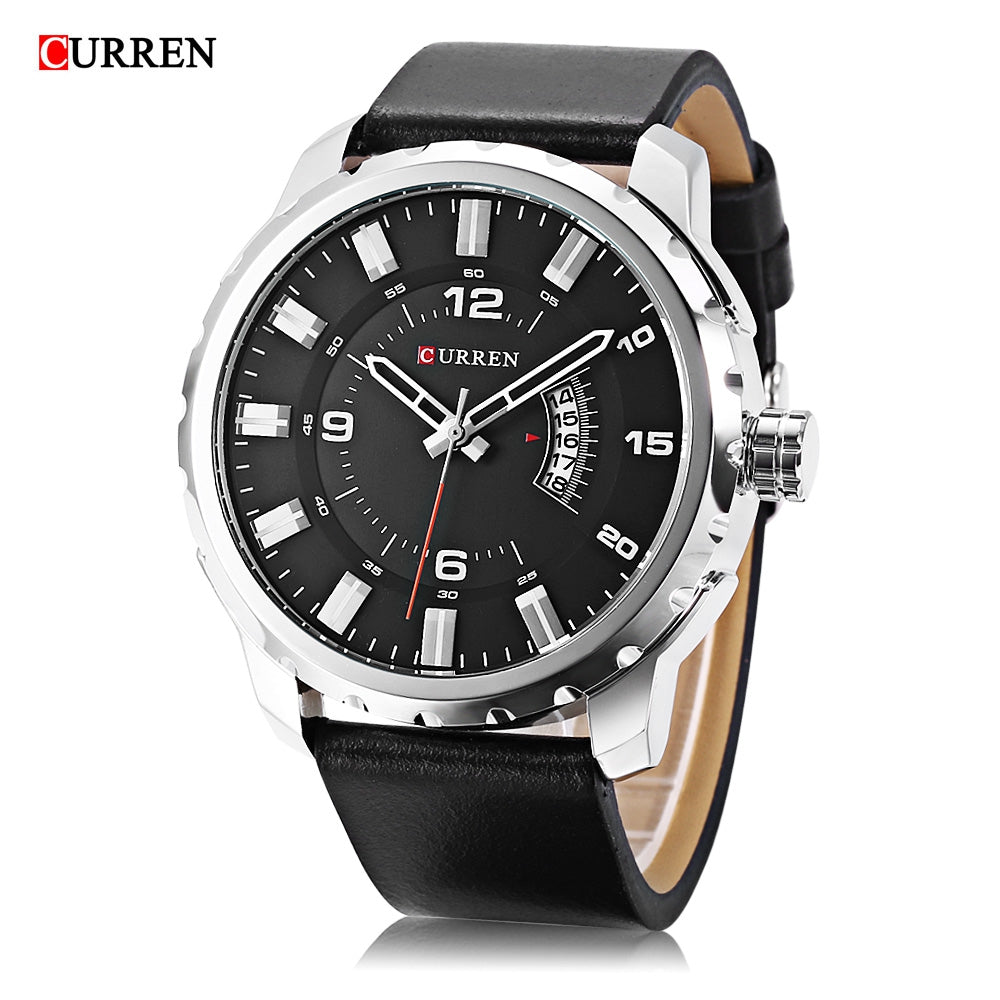 Curren 8245 Male Quartz Watch Calendar Stereo Dial Leather Band Men Wristwatch