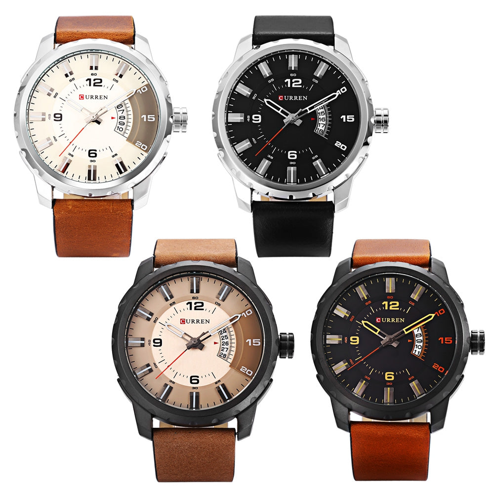 Curren 8245 Male Quartz Watch Calendar Stereo Dial Leather Band Men Wristwatch