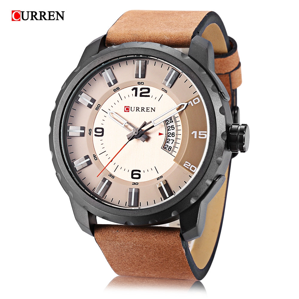 Curren 8245 Male Quartz Watch Calendar Stereo Dial Leather Band Men Wristwatch