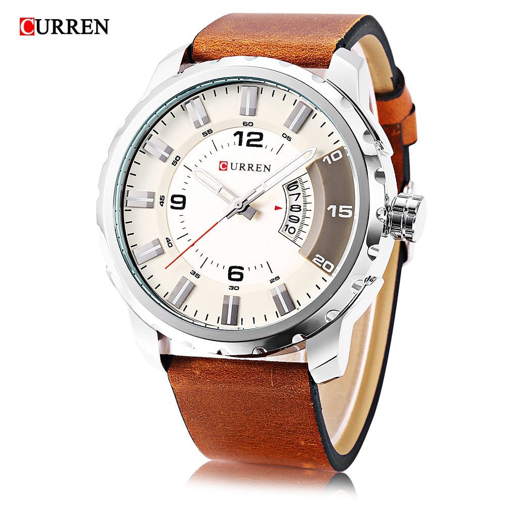 Curren 8245 Male Quartz Watch Calendar Stereo Dial Leather Band Men Wristwatch