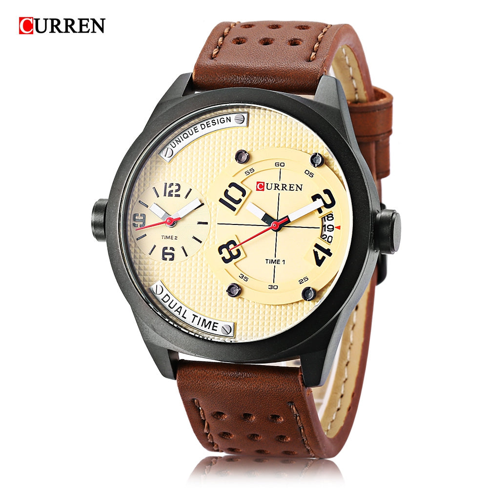 Curren 8252 Male Dual Quartz Movt Watch Calendar Leather Band 3ATM Men Wristwatch