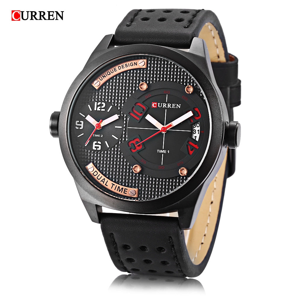 Curren 8252 Male Dual Quartz Movt Watch Calendar Leather Band 3ATM Men Wristwatch