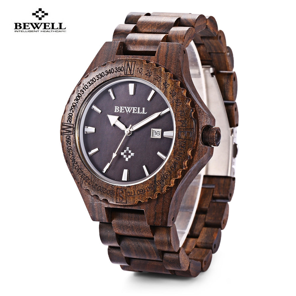 BEWELL ZS - W023A Male Wooden Date Quartz Wrist Watch with Gear Shape Bezel