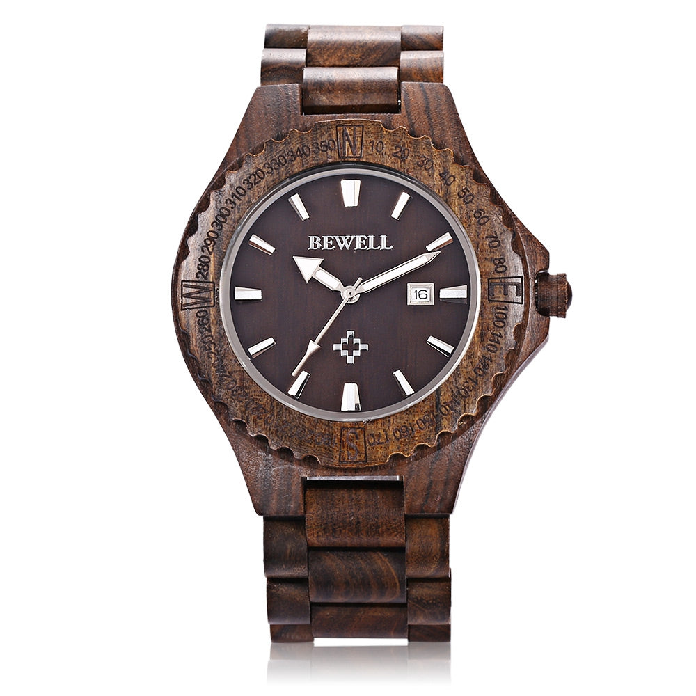 BEWELL ZS - W023A Male Wooden Date Quartz Wrist Watch with Gear Shape Bezel