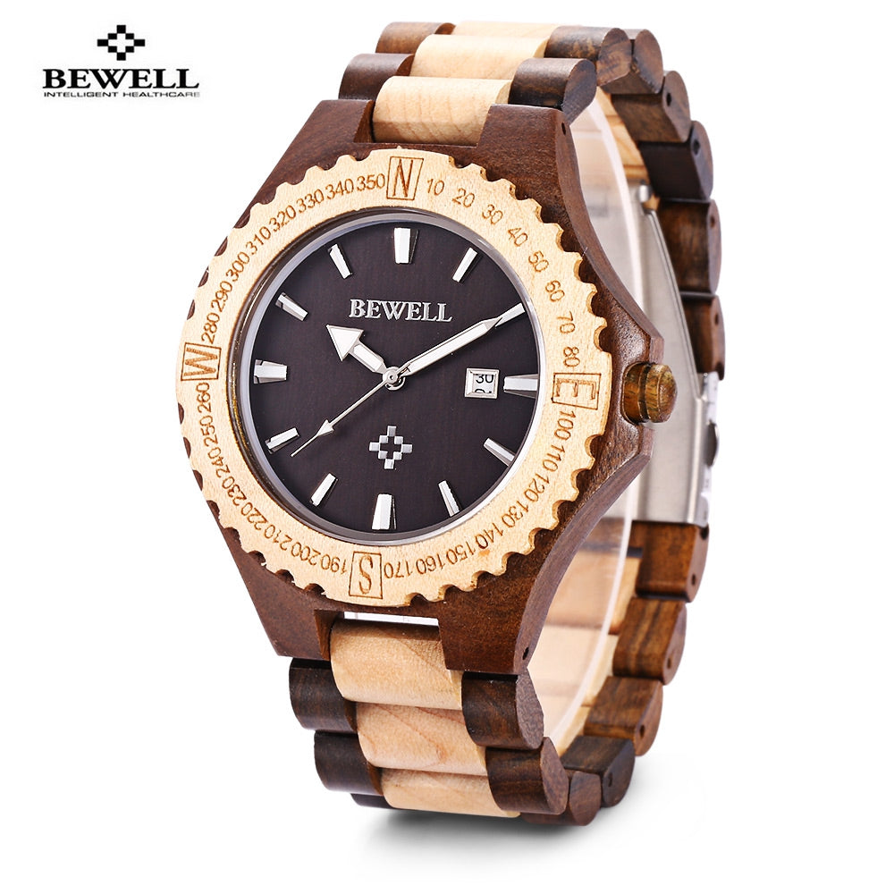 BEWELL ZS - W023A Male Wooden Date Quartz Wrist Watch with Gear Shape Bezel