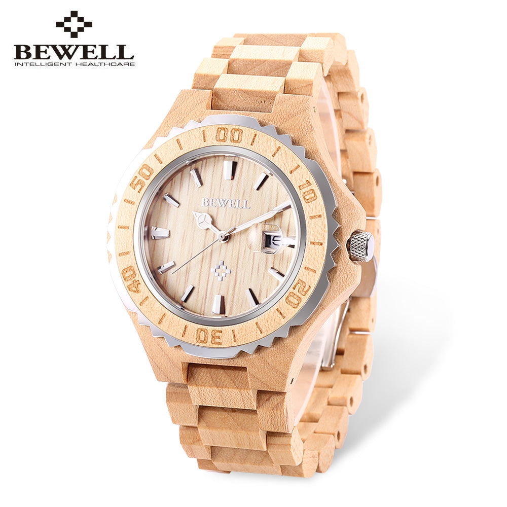 BEWELL ZS-100BG Metal Case Wood Men Quartz Watch with Metal Case 30M Water Resistance