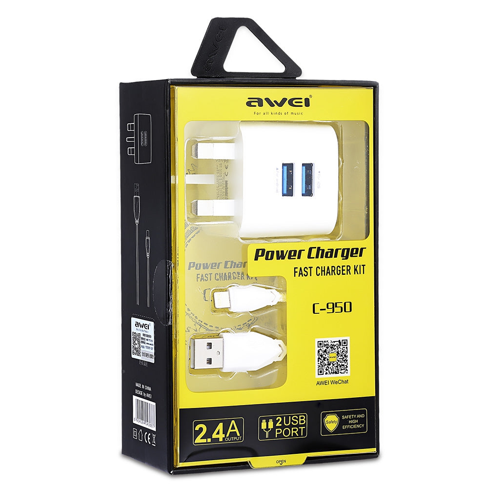 Awei C - 950 2 USB 5V Charger Adapter UK Plug with 8 Pin Cord