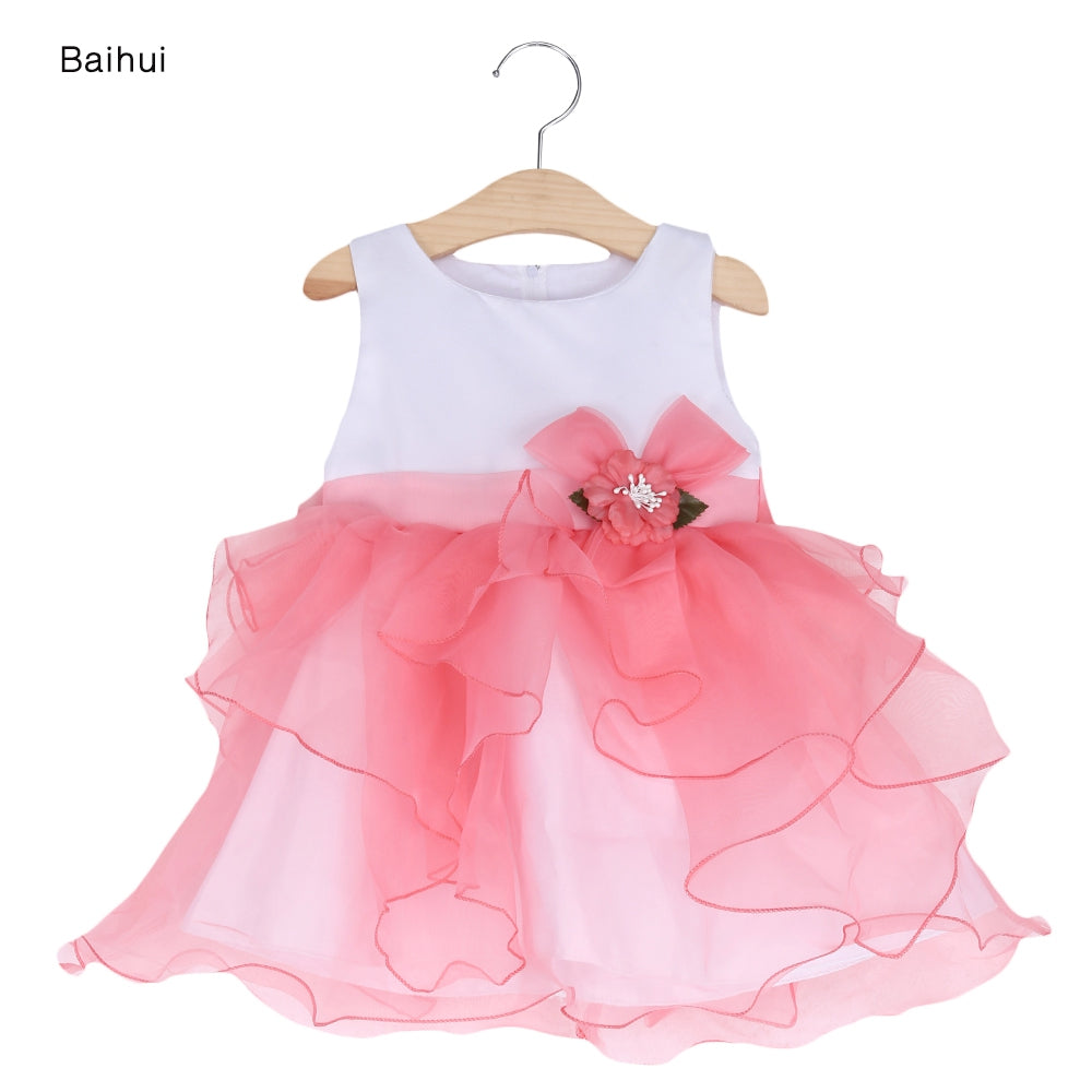 Baihui Girls Sleeveless Ruffle Floral Tulle Princess Wedding Dress