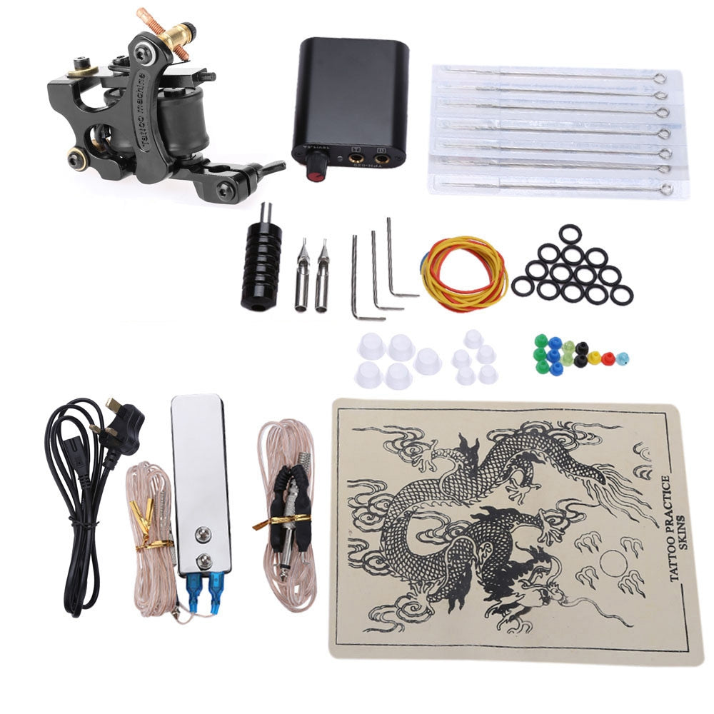 Complete Tattoo Kits 8 Wrap Coils Guns Machine Power Supply Disposable Needle