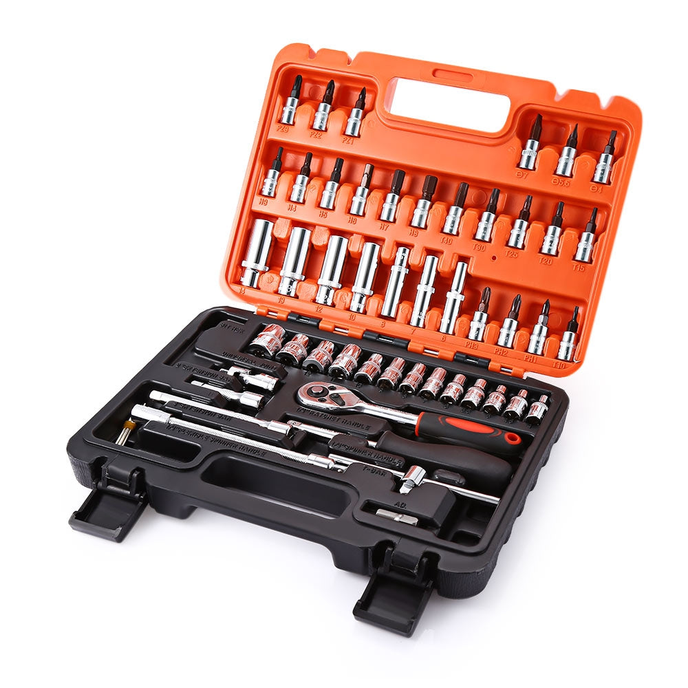 53pcs Auto Car Repair Tool Box Set Ratchet Wrench Sleeve Universal Joint Hardware Kit