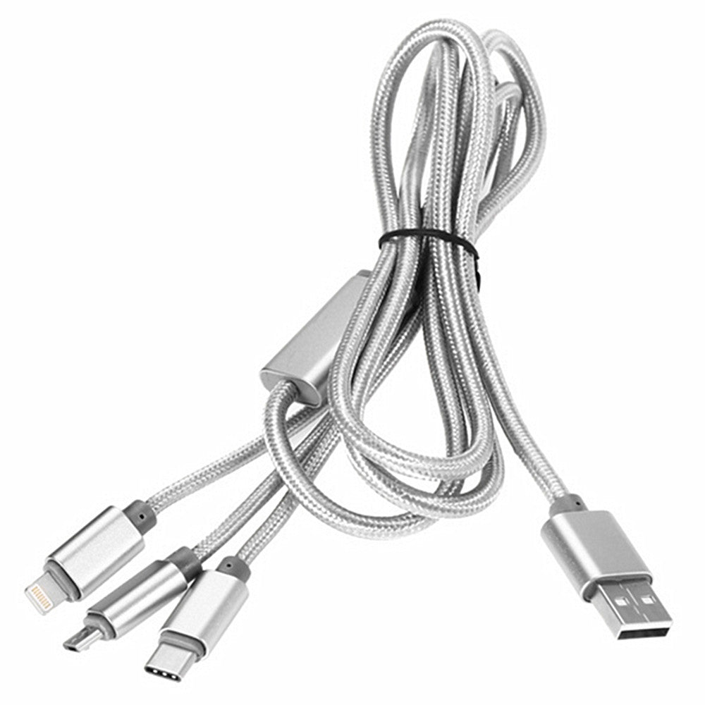 3 in 1 Micro USB + Type-C + 8 Pin Aluminum Alloy Connector Charging Cord 1.2m